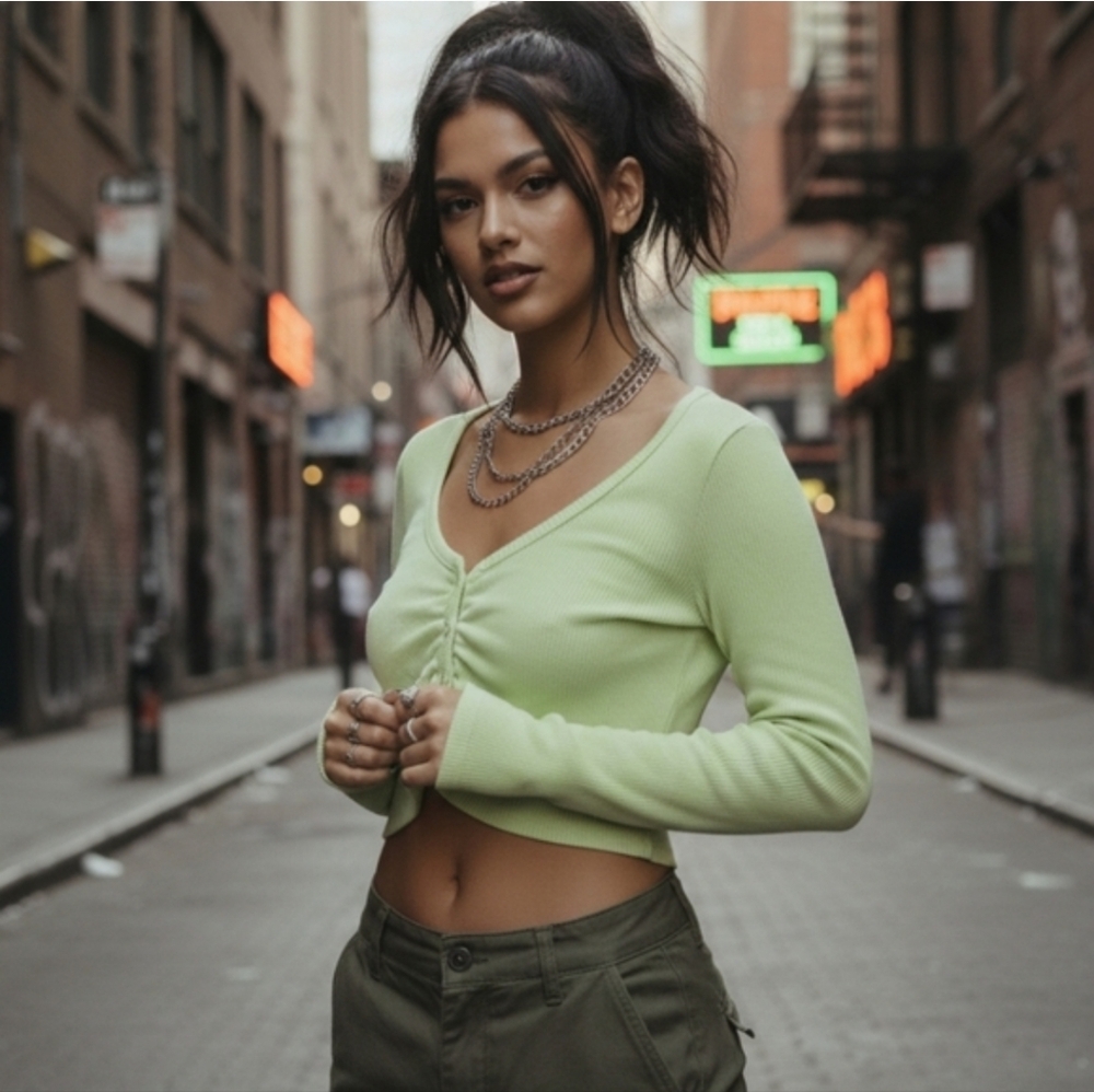 Urban Outfitters Medium Lime Green Cropped Button Up Cardigan Long Sleeve